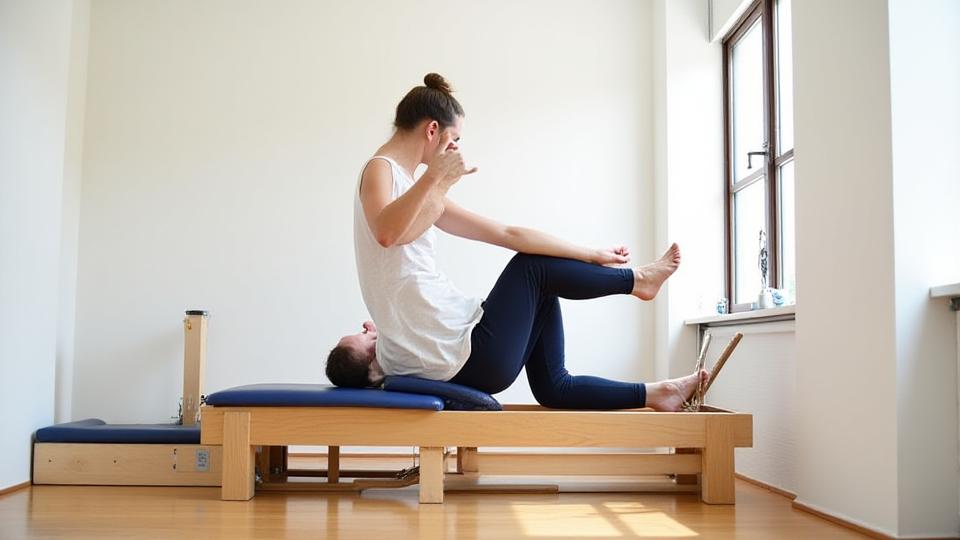 Eine Frau führt eine Pilates-Übung auf einem Reformer-Gerät aus.