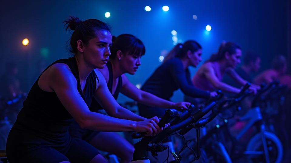 Teilnehmer fahren energiegeladen Spinning auf hochmodernen Fahrrädern.