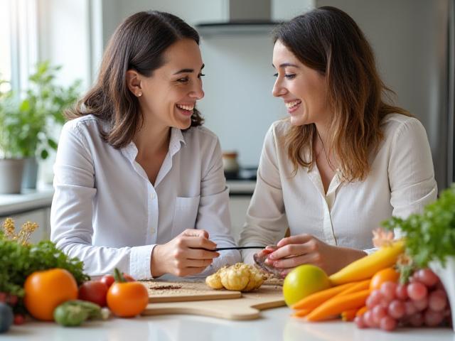 Eine Ernährungsberaterin bespricht mit einer Klientin einen gesunden Speiseplan mit frischen Lebensmitteln auf dem Tisch.