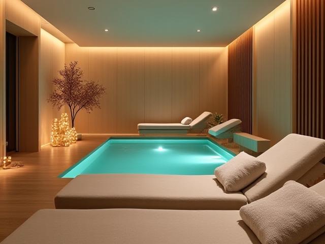Eine ruhige Spa-Lounge mit warmem Licht und Blick auf einen Pool, perfekt zur Entspannung.